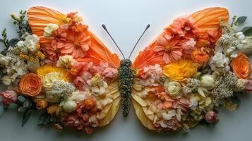 An orange butterfly made from flowers and leaves photo