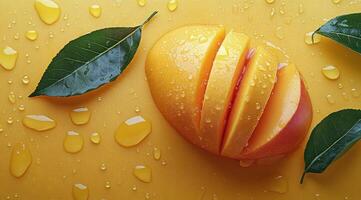 Fresh ripe mangoes with droplets on yellow surface and green leaves arranged attractively for summer photo