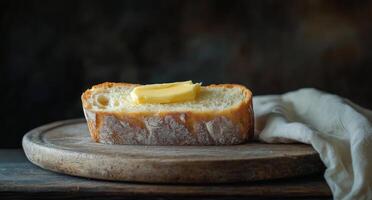 A slice of bread with butter on top of a wooden board photo