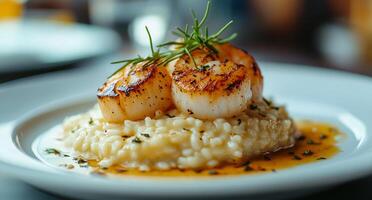 A plate of scallops on top of risotto photo