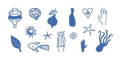 Mediterranean sea set, blue color drawings set vector