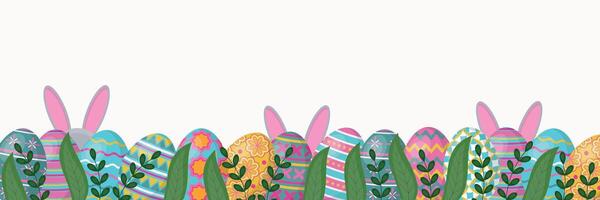 Easter background with colored eggs, plants and bunny ears. vector