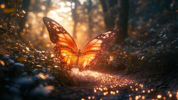 A butterfly is flying through the woods at sunset photo