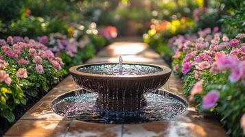 A fountain in a garden surrounded by pink flowers photo