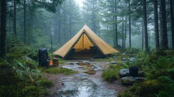A tent is set up in the middle of a forest photo