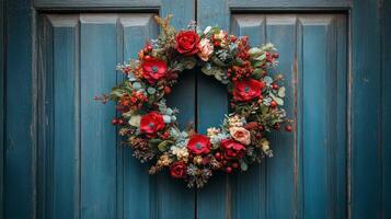 A wreath of flowers on a blue door photo