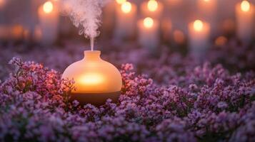 A candle lit in a field of purple flowers photo