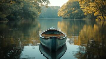 A canoe is floating on the water in the middle of a lake photo