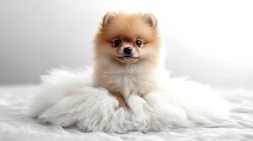 Pomeranian dog sitting on a fluffy white blanket photo