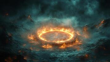 An image of a fire ring surrounded by water photo