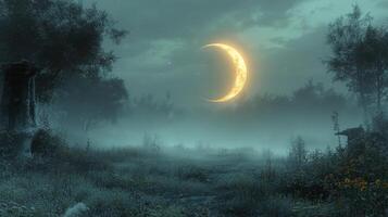 A moon is seen in the sky over a foggy field photo