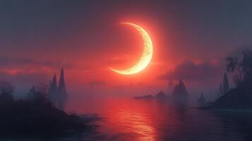 The moon is seen in the sky over a body of water photo