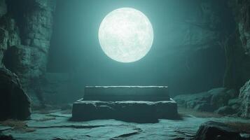 A large stone bench in a cave with a large moon photo