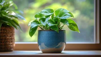 A blue pot with a plant in it photo