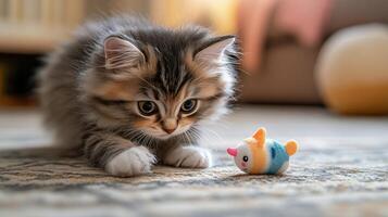 A kitten playing with a toy fish photo