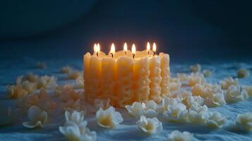 A candle with five burning candles on a white background photo