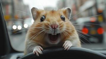 A hamster is sitting in the driver's seat of a car photo