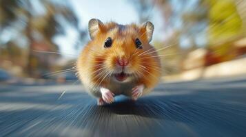 A hamster running on the road with its mouth open photo
