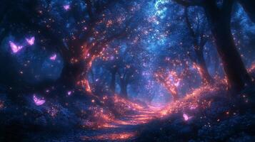 A path through the woods with butterflies flying around photo