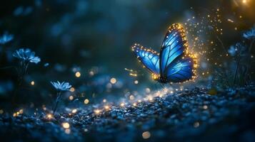 Blue butterfly with glowing wings on a dark background photo