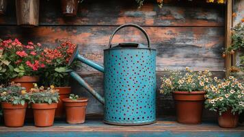 A blue watering can sitting on a shelf with flowers photo