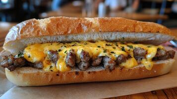 A sandwich with cheese and meat on a bun photo