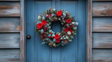 A wreath on a blue door with red roses photo