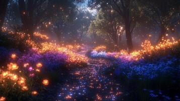 A path through a forest with flowers and fireflies photo