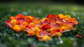 A heart shaped pile of flowers on the grass photo