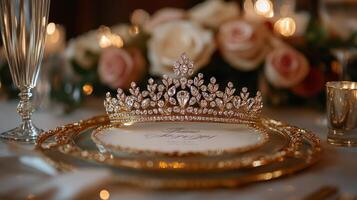 A gold tiara sits on top of a plate photo
