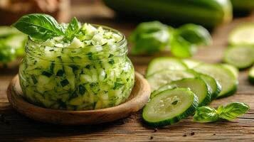 A jar of cucumber and sliced cucumbers on a wooden table photo