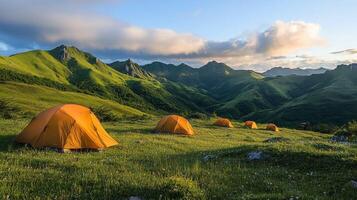 A group of tents in a field with mountains in the background photo