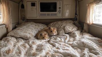 Two hamsters are laying on a bed photo