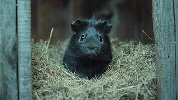 A black guinea pig sitting in hay photo