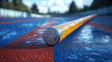 A long pole sitting on the ground in a blue and yellow field photo