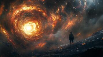 A man standing in front of a spiral galaxy photo