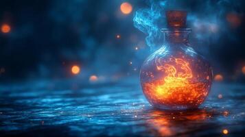 A bottle with fire inside of it on a table photo