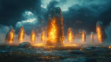 A group of stone pillars with fire coming out of them photo