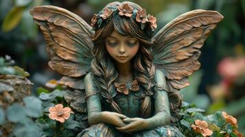 A statue of a fairy with wings and flowers photo