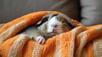 A guinea pig is wrapped in an orange blanket photo