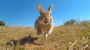 A rabbit running in the grass with its mouth open photo