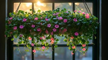 A hanging basket of flowers in front of a window photo