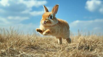 A small rabbit running across a field photo