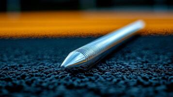 A close up of a metal pen on a black surface photo