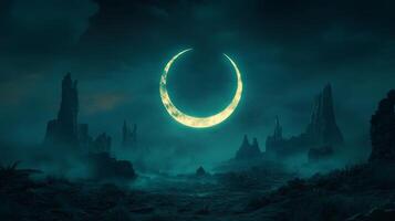 The moon is in the middle of a dark landscape photo