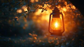 An old lantern hanging from a tree at sunset photo