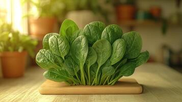Spinach plant on wooden cutting board on a table photo