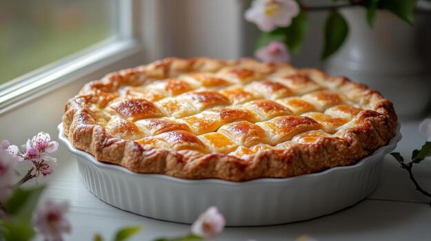 A pie sitting on a table with flowers photo