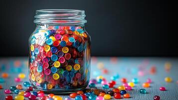 A jar filled with colorful buttons photo