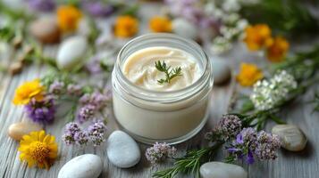 A jar of cream surrounded by flowers and stones photo